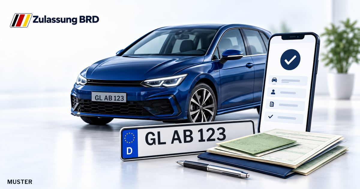 Online Fahrzeugzulassung in Rheinisch-Bergischer Kreis: Musterkennzeichen GL AB 123, Auto und Fahrzeugpapiere und Smartphone. Illustration mit Logo von Zulassung BRD.